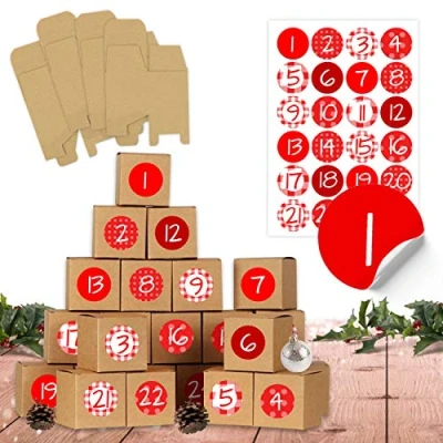 Abbildung von Papierdrachen DIY Adventskalender 2024 zum Befüllen 24 Kisten Basteln Rot braune Schachteln aus 400g/m² Karton Aufstellen und Dekorieren Boxen Weihnachten