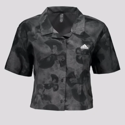 Abbildung von adidas Damen Floral Graphic Crop Woven Polo Shirt Hemd, Grey Five/Carbon, M