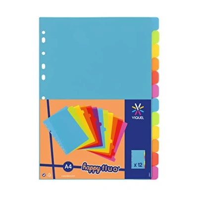 Abbildung von Viquel Register aus Kunststoff, A4, 21 x 29,7 cm, für A4 Ordner, Neonfarben, 12 Stück