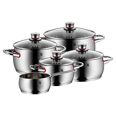 Abbildung von WMF Quality One Topfset Induktion 5 teilig, Kochtopf Set mit Glasdeckel, Cromargan Edelstahl poliert, Induktions Töpfe unbeschichtet, Dampföffnung