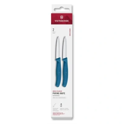 Abbildung von Victorinox Swiss Classic, Schäl und Gemüsemesser Set, 2teilig, Extra Scharfe Klinge, Gerader Schliff für Präzise Schnitte, 8 cm, Rostfreier Stahl, Blau