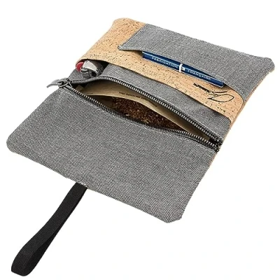 Abbildung von SIMARU Tabaktasche/Tabakbeutel aus Stoff &amp; Kork, Drehtabak Tasche mit Feuerzeug , Filter und Blättchen Tasche, Drehertasche für Herren Damen (grau/natur (außen Kork))