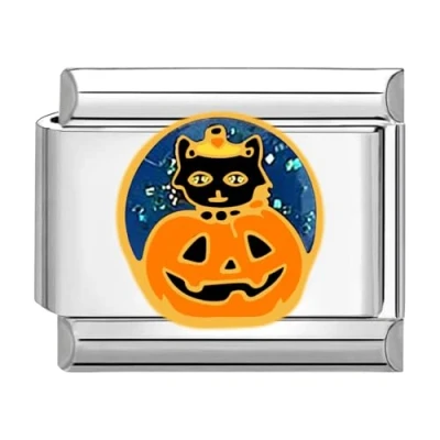 Abbildung von Quiges 9mm Italian Style Charm Modul Edelstahl Helloween Oumpkin Schwarze Katze für Italienische Armbänder