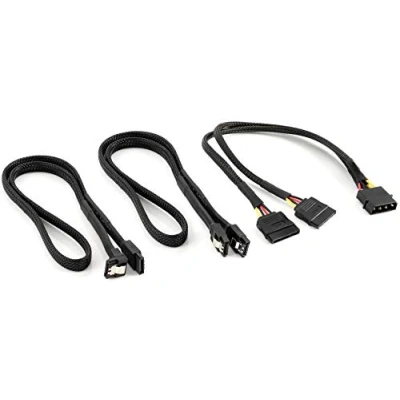 Abbildung von POPPSTAR Sata 3 Datenkabel mit Molex Adapter (2x 60cm Kabel (Stecker 1x gerade, gerade 90), 30cm zu S ATA Stromadapter (4 Pin auf 2x 15 Sata)), gesleevt, schwarz