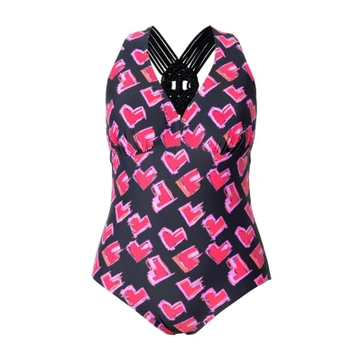Abbildung von Ulla Popken Heart Print Macrame Strap Badeanzug, Damen, Größe: 42, Black