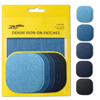 Abbildung von ZEFFFKA Jean Flicken zum Aufbügeln für Innen und Außen Stärkster Kleber 100% Baumwolle Verschiedene schwarz Farben Blautöne Reparatur Dekorationsset 10 Stück Größe 4 1/4&quot; by 3 3/4&quot; (9.8 cm x 10.8 cm)