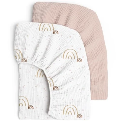 Abbildung von lulumoon Musselin Spannbettlaken Baby Kinderbett: 100% Baumwolle Bettlaken Babybett 70x140cm / 60x120cm (Regenbogen Rosa)