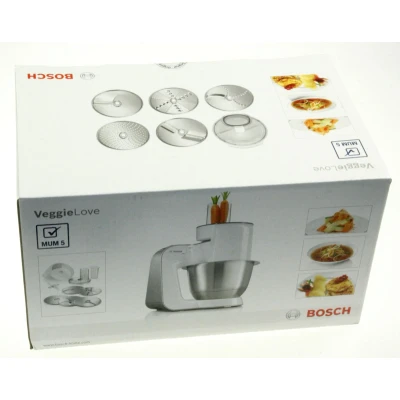 Abbildung von Bosch Zubehör Set VeggieLove MUZ5VL1, Durchlaufschnitzler inklusive 5 Scheiben (Schneid Wende Scheibe, Raspel Wendescheibe, Reibescheibe mittelfein, für Asia Gemüse und Rösti) MUM5 MUM Serie 2