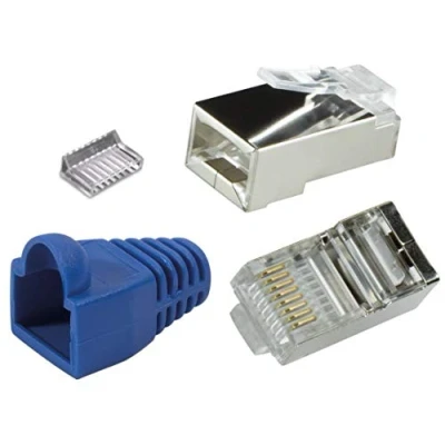 Abbildung von odedo 20er Set RJ45 Crimpstecker CAT 6 / 5e blau Metall geschirmt mit Einfädelhilfe und Knickschutz, Crimp Stecker Gigabit Netzwerkstecker