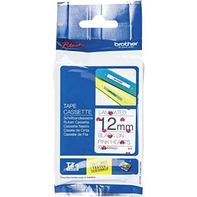 Abbildung von Brother Original P touch Schriftband TZe MPPH31 (12 mm breit, u.a. für H100LB/R, H105, H200, E100/VP, D200/BW/VP, D210/VP, 4 m lang, laminiert) schwarz auf rosa Herzen, TZeMPPH31,