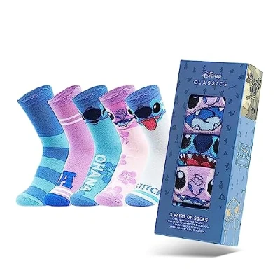 Abbildung von Disney Damen Socken, bunte warme Strümpfe mit Motiv, Geschenke für Frauen, Teenies, 5er Pack (Rosa/Blaue Masche)