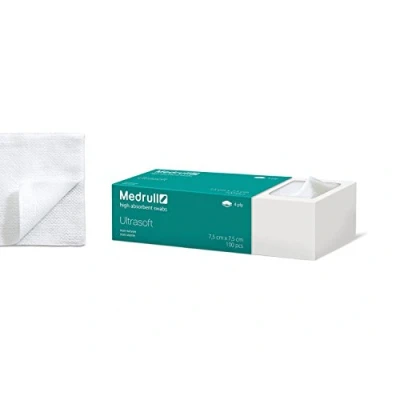Abbildung von Medrull 7.5x7.5 cm Vlies Kompressen 100 Stück Vlieskompressen Besonders Weiche, Saugstarke Unsteril 4 lagen