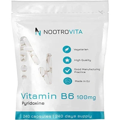 Abbildung von Vitamin B6 Hochdosiert 100mg 240 Kapseln Pyridoxin Vegan Vit B 6, Keine Künstlichen Füllstoffe Allergen unf Gluten Frei Hergestellt in ISO Zertifizierten Betrieben Nootrovita