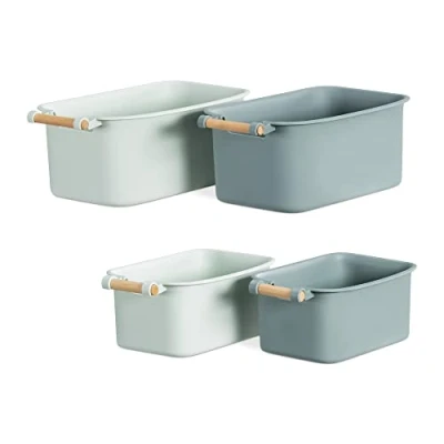 Abbildung von Navaris 4x Aufbewahrungsbox Aufbewahrungskiste mit Holzgriff Box Organizer zur Aufbewahrung aus Kunststoff Kiste Behälter für Badezimmer Küche