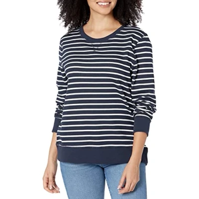 Abbildung von Amazon Essentials Damen Sweatshirt aus French Terry Fleece mit Rundhalsausschnitt (Erhältlich in Übergröße), Marineblau Weiß Streifen, XXL