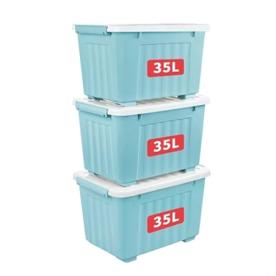 Abbildung von Cetomo 35L*3 Aufbewahrungsboxen mit Deckeln, Kunststoff Aufbewahrungsbox Rollen und Clips, Kunststoffbox für Zuhause Büro, BPA frei, Nestbar, Stapelbar, Blau, 35L 3er Pack