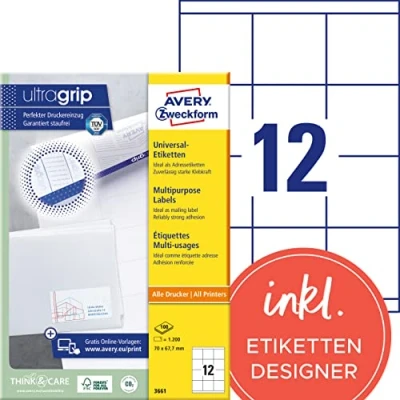 Abbildung von AVERY Zweckform 3661 Adressaufkleber (1.200 Klebeetiketten, 70x67,7mm auf A4, Papier matt, bedruckbare Absenderetiketten, selbstklebende Adressetiketten mit ultragrip) 100 Blatt, weiß