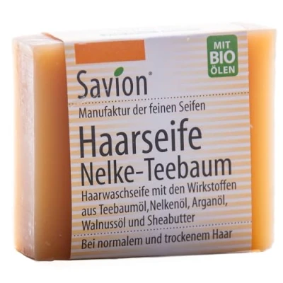 Abbildung von Savion Haarseife Nelke Teebaum, bei problematischer Kopfaut, hilft Ekzemen und Schuppen, Vegan, Palmölfrei, Tierversuchsfrei, 85g Made in Germany