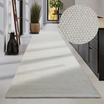 Abbildung von Elle Decoration Wollteppich Pradesh Natur Wohnzimmerteppich Handgewebt &amp; Umweltfreundlich Boho Teppich Wolle für Wohnzimmer, Schlafzimmer, Esszimmer, Flur, Küche Weiß, 80x200cm