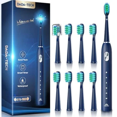 Abbildung von Elektrische Zahnbürste, Schallzahnbürste für Erwachsene und Kinder Electric Toothbrush mit 5 Putzmodi Integrierter Timer 9 Zahnbürstenköpfen Ultraschall Zahnbürsten (Blau)