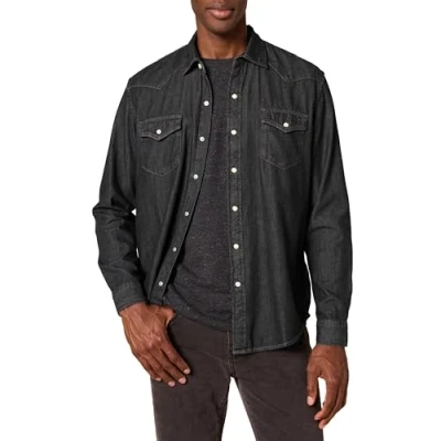 Abbildung von Amazon Essentials Herren Langärmeliges Jeanshemd, Normale Passform, Schwarz, XXL