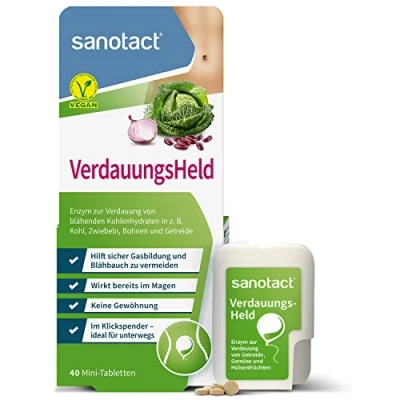 Abbildung von sanotact VerdauungsHeld (40 Mini Tabletten) Bei Blähbauch, Blähungen, Völlegefühl &amp; Magenschmerzen Verdauungstabletten im Klickspender für unterwegs Unterstützung der Verdauung
