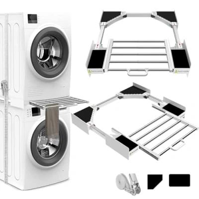 Abbildung von NIUXX Zwischenbaurahmen mit Wäscheleine, Verbindungsrahmen waschmaschine trockner universal, Zwischenbausatz ausziehbarer Handtuchhalter, Einstellbare Größe（53 68cm）