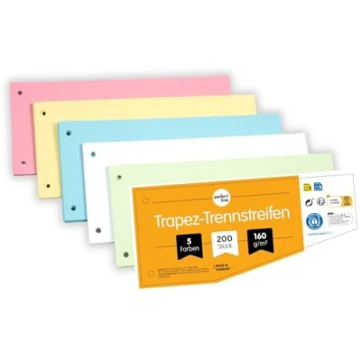 Abbildung von perfect line 200 Trennstreifen für Ordner A4, Trennblätter aus Recycling Karton, Trapez Form, 5 Farben, 2 fach gelocht, Made in Germany, Blauer Engel zertifiziert