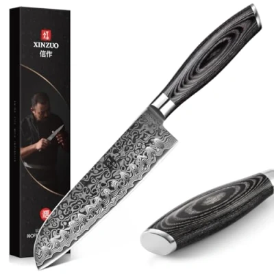 Abbildung von XINZUO Santokumesser Küchenmesser 17.8cm Damast Kochmesser 67 Schichten Damastmesser Messer mit Pakkawood Griff Ya Serie