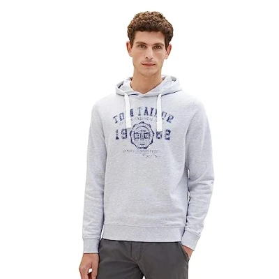 Abbildung von TOM TAILOR Herren 1039896 Basic Hoodie mit Logo Print, 15398 Light Stone Grey Melange, XL