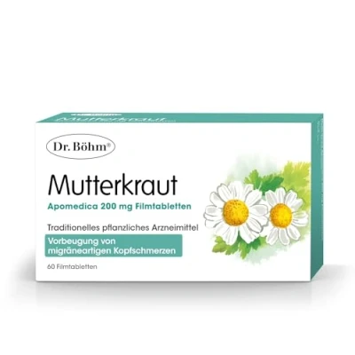 Abbildung von Dr. Böhm Mutterkraut 200 mg: Migräne Kopfschmerz effektiv vorbeugen, pflanzliche Prophylaxe bei migräneartigen Kopfschmerzen hochdosierte Tabletten vegan, 60 Filmtabletten