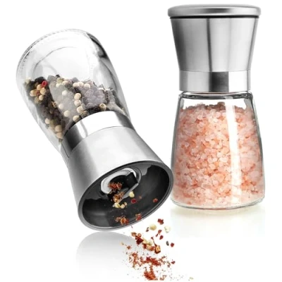 Abbildung von com four® 2 teiliges Salz und Pfeffermühle Set aus Glas Edelstahl mit Keramik Mahlwerk elegantes Küchenzubehör moderne Würzmühle Raspel Gewürzmühle Gewürzmörser (02 Stück Deckel)