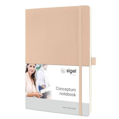Abbildung von SIGEL CO331 Premium Notizbuch liniert, A4, Softcover, 194 nummerierte Seiten, beige, nachhaltiges Papier, mit Inhaltsverzeichnis, Stiftschlaufe, Falttasche, Gummibandverschluss, Conceptum