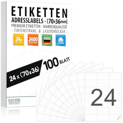 Abbildung von Selbstklebende 70x36 mm, 2400 Labels Adressetiketten / 100 Blatt (24 pro DIN A4 Bogen), bedruckbar mit Inkjet und Laserdrucker Aufkleber, Drucker Etiketten MADE IN GERMANY