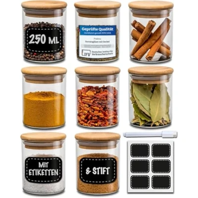Abbildung von Praknu Gewürzgläser Groß 8er Set 250ml mit Etiketten zum Beschriften Luftdicht Spülmaschinenfest Küchenorganisation für Gewürze, Kräuter &amp; Tee (8x 250ml)