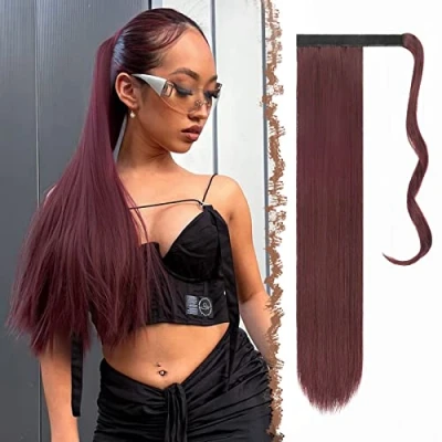 Abbildung von FESHFEN Lang Glattes Pferdeschwanz Haarteil Synthetik Haarverlängerung Zopf Haar Extension für Damen Mädchen, Weinrot 60 cm