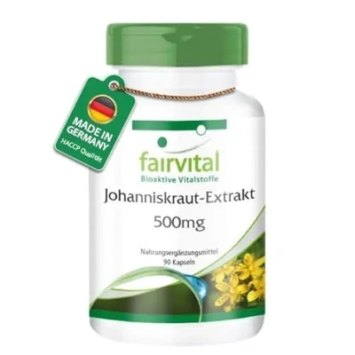 Abbildung von Fairvital Johanniskraut Extrakt 500mg 90 Kapseln HOCHDOSIERT mit pro Kapsel standardisiert auf 0,3% Hypericin St. John&#039;s Wort (Hypericum perforatum)