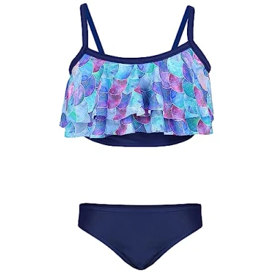 Abbildung von Aquarti Mädchen Bikini Set Bustier Bikinislip Zweiteiliger Badeanzug, Farbe: 030A mit Rüschen/Meerjungfrau Lila/Dunkelblau, Größe: 140