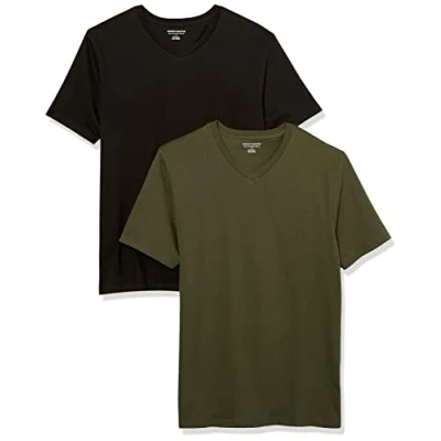 Abbildung von Amazon Essentials Herren Kurzärmelige T Shirts mit V Ausschnitt, 2er Pack, Dunkles Olivgrün/Schwarz, XXL