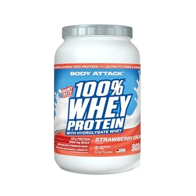 Abbildung von Body Attack 100% WHEY PROTEIN Strawberry 900g Made in Germany Extra cremiges Eiweißpulver mit Hydrolysat &amp; BCAA&#039;s, unterstützt Muskelaufbau und Diäten
