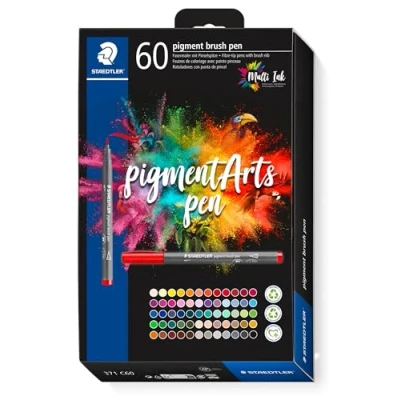 Abbildung von STAEDTLER brush pen pigment Arts, Premium Zeichentusche, Pinselspitze für variable Linienbreite, wasserfest, schnelltrocknend, 60 pens in sortierten Farben im Kartonetui, 371 C60