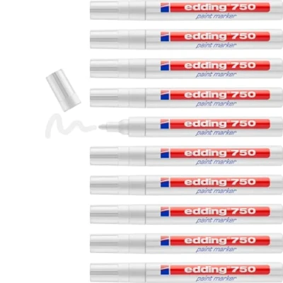 Abbildung von edding 750 Lackmarker weiß 10 Stifte Rundspitze 2 4 mm Lackstift zur Markierung und Beschriftung von Metall, Glas, Stein oder Kunststoff hitzebeständig, permanent, wisch wasserfest
