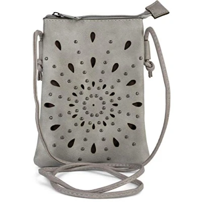 Abbildung von styleBREAKER Damen Mini Bag Umhängetasche mit Cutouts in Ethno Blumen Form und Nieten, Schultertasche, Handtasche, Tasche 02012304, Farbe:Grau