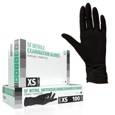 Abbildung von SF Nitrilhandschuhe XS Schwarz 100 Stück Einweghandschuhe, Einmalhandschuhe, Puderfrei, Latexfrei, Gummihandschuhe Einweg zum Kochen, Putzen, für Medizin, Küche, Garten, Werkstatt, Tattoo, Haushalt