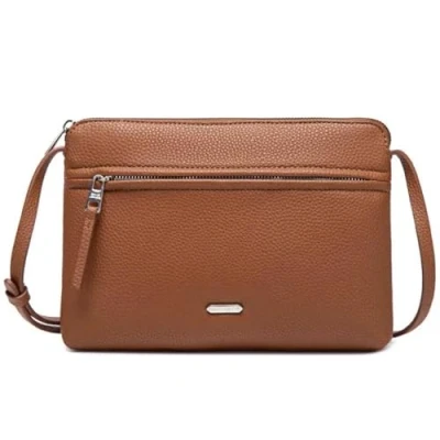 Abbildung von David Jones Umhängetasche für Damen flache Tasche, kleine Handtasche, Schultertasche, PU Leder, klassisch, Elegant 2 Fächer Telefontasche Shopping Reise, Cognac Braun, one size,