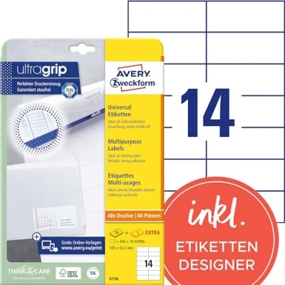 Abbildung von AVERY Zweckform 6136 Adressaufkleber (350 plus 70 Klebeetiketten extra, 105x42,3mm auf A4, Papier matt, bedruckbare Absenderetiketten, selbstklebende Adressetiketten mit ultragrip) 30 Blatt, weiß