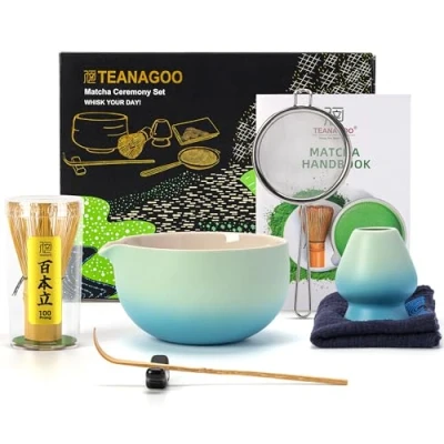 Abbildung von TEANAGOO Japanisches Tee Set (7 Stück) Matcha Schneebesen Schüssel mit Ausgießer Bambus (Chasen) Schaufel Schneebesenhalter. N31, Farbverlauf Blau