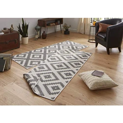 Abbildung von NORTHRUGS Outdoor Teppich Malta Wendeteppich Wetterfest Modernes Geometrisches Muster Läufer für Balkon Terrasse Garten Wintergarten Wohnzimmerteppich Wasserfest, Polypropylen, Grau,Creme, 80x250cm