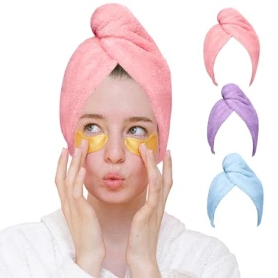 Abbildung von Good Nite 3 Stück Mikrofaser Haarturban mit Knopf Super Saugfähiges Haarhandtuch für Damen Schnell Trocknendes Turban Handtuch aus