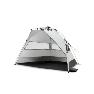 Abbildung von qeedo Quick Bay Strandmuschel mit UV Schutz (UV80) für 2 Personen inkl. Roll in Bag, Kunststoffheringe und Abspannleinen Sonnenschutz Familien, Kinder, Babys oder Hunde Sandgrey
